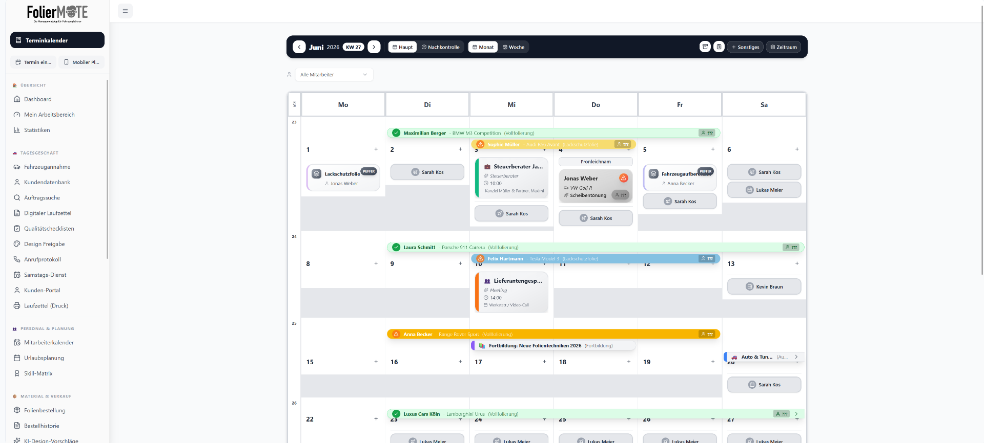 FolierMATE Terminkalender Ansicht